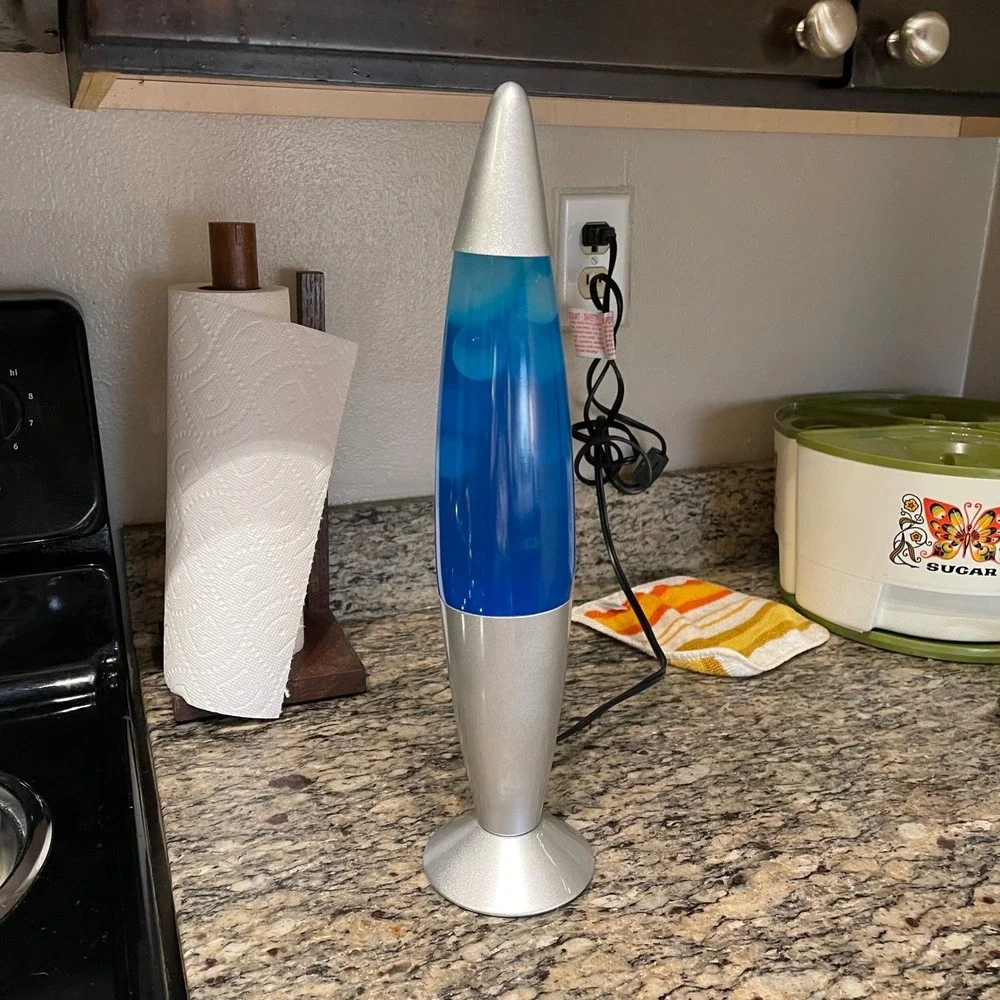 Retro Y2k 17 Inch Lava Lamp Blue Liquid White Wax Silver Base‎ Rocket